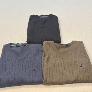 Nautica Men's Cable Knit V-Neck Sweaters - Black, Navy Blue, Brown